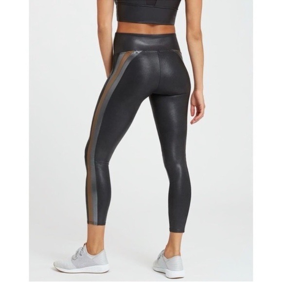 Spanx Faux Leather Stripe Black Metallic Leggings, Size L - Picture 4 of 12